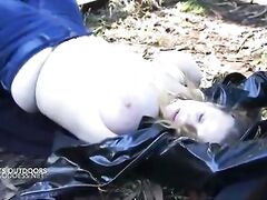 Huge breasts tied up in the woods and the train line